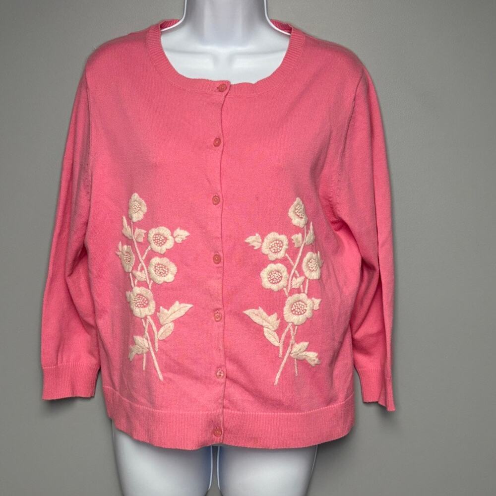 Garnet Hill Preppy Barbie Feminine Pink Floral Embroidered Cardigan Womens Sz‎ L